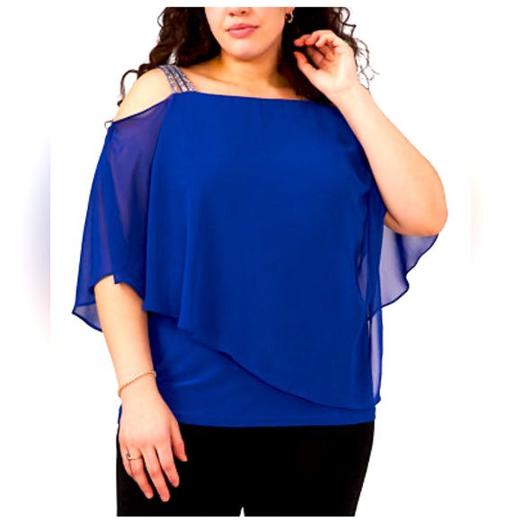 NWT MSK Chiffon Drape Rhinestone-Strap Blue Blouse Women’s Size Medium - Picture 1 of 12
